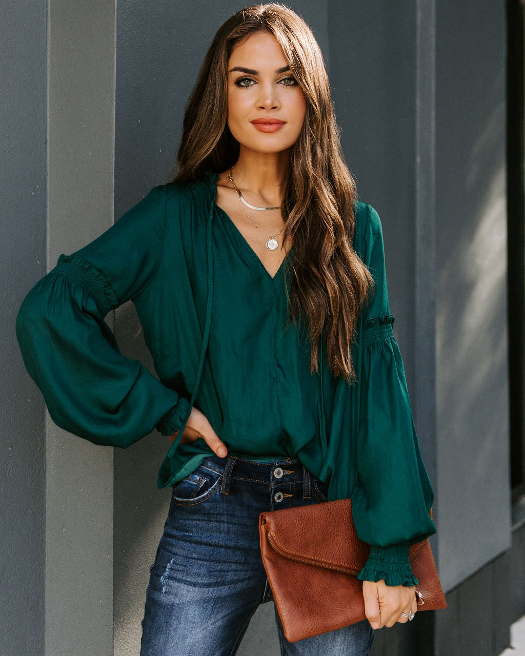 Hollis Satin Smocked Ruffle Blouse - Deep Green Ins Street