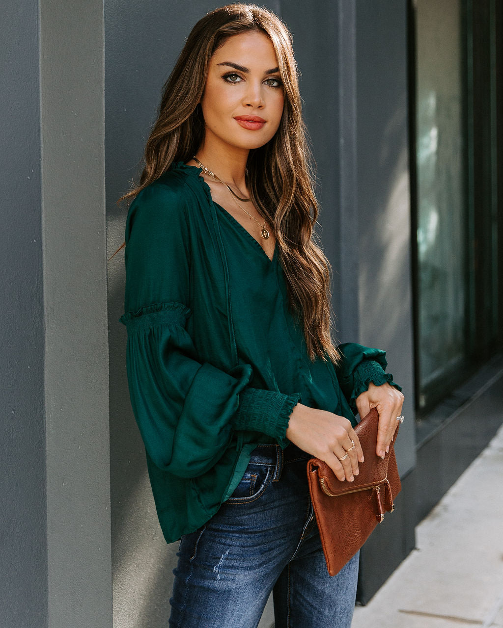 Hollis Satin Smocked Ruffle Blouse - Deep Green Ins Street