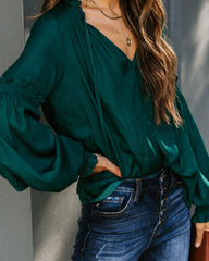 Hollis Satin Smocked Ruffle Blouse - Deep Green Ins Street