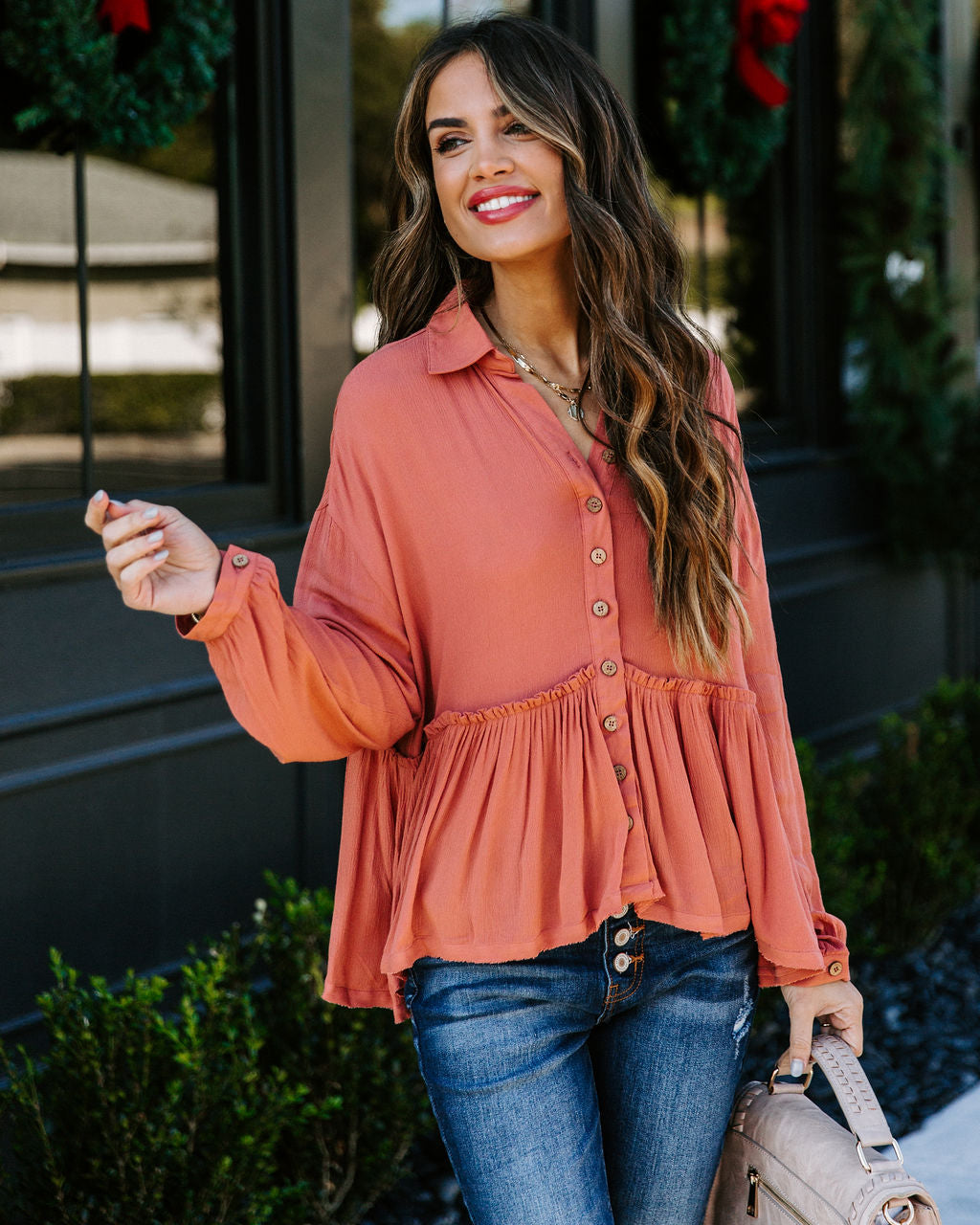 Grady Collared Button Down Peplum Top - Ginger Ins Street