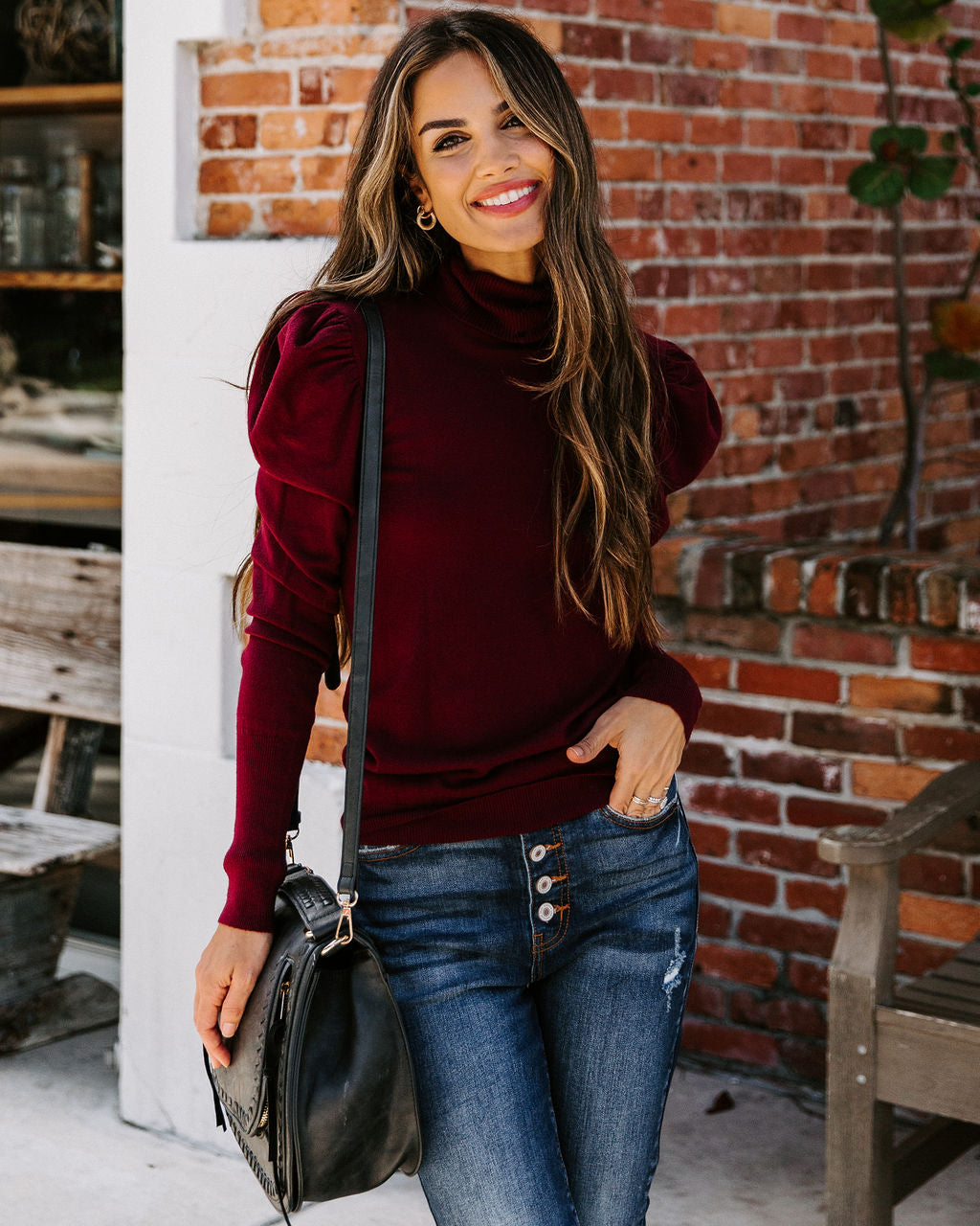 Adamant Puff Sleeve Turtleneck Sweater - Burgundy ON T-001