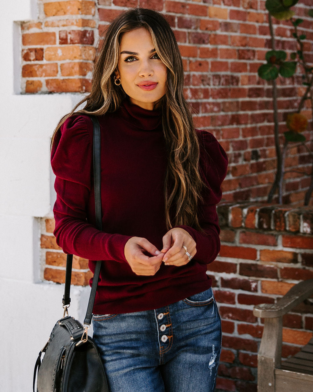 Adamant Puff Sleeve Turtleneck Sweater - Burgundy ON T-001