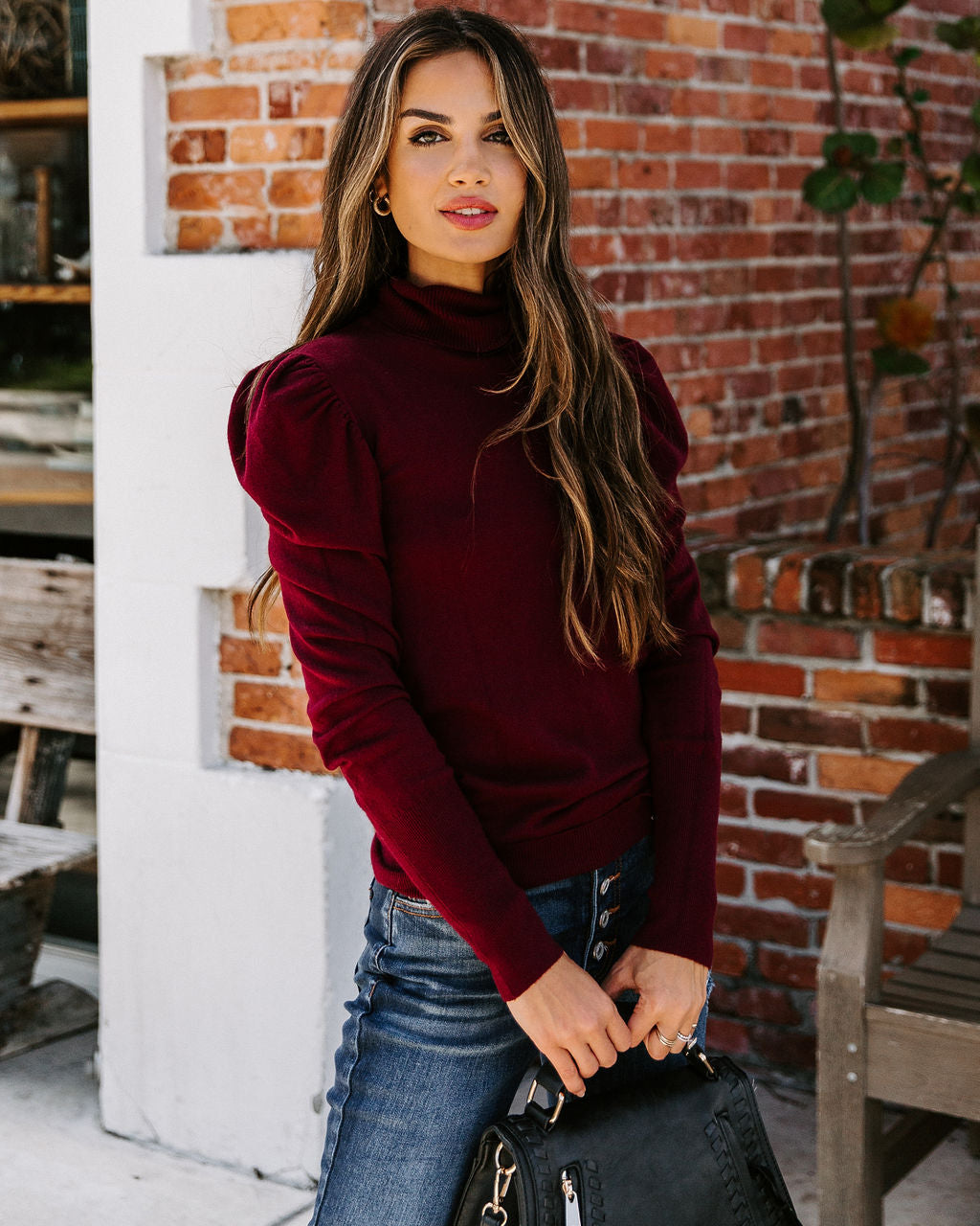 Adamant Puff Sleeve Turtleneck Sweater - Burgundy ON T-001