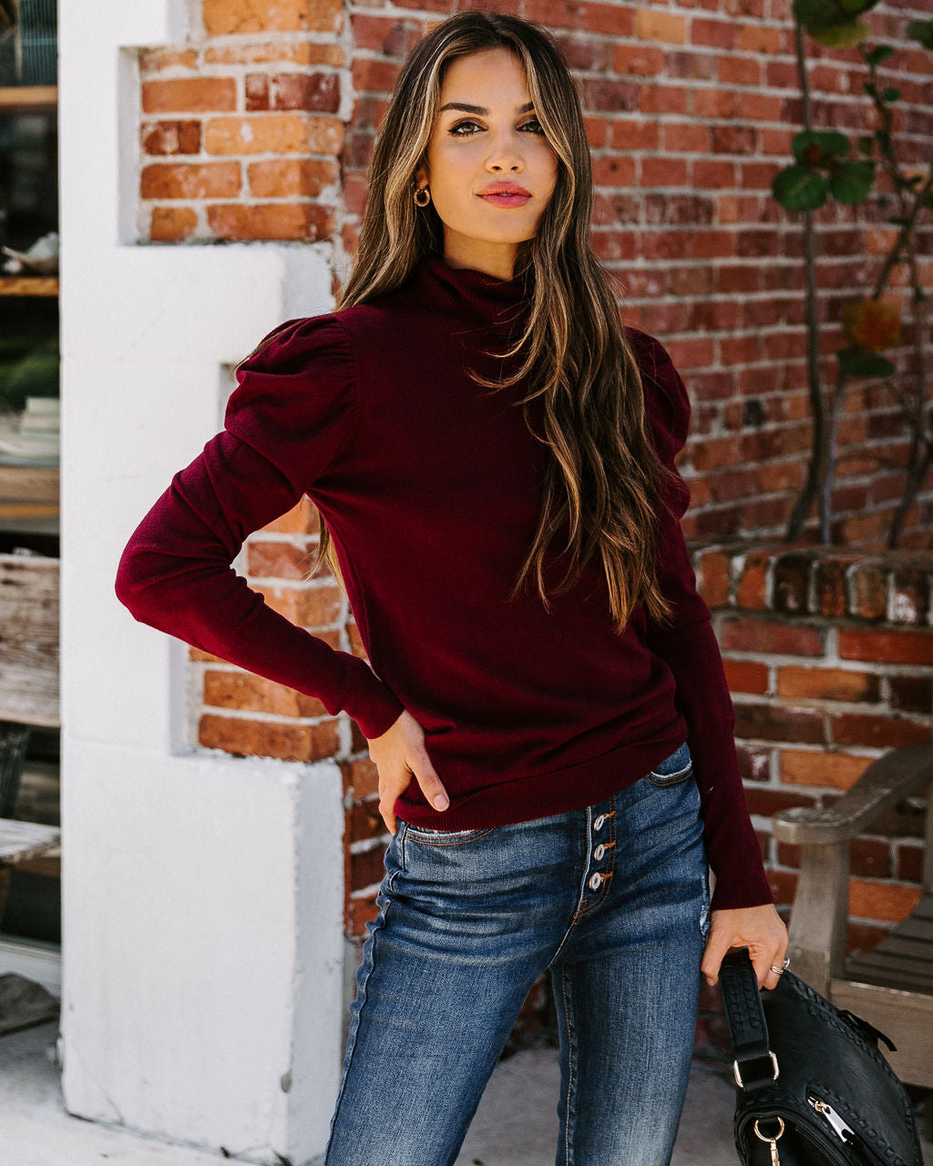 Adamant Puff Sleeve Turtleneck Sweater - Burgundy ON T-001