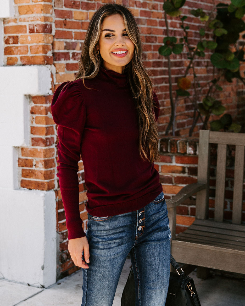 Adamant Puff Sleeve Turtleneck Sweater - Burgundy ON T-001