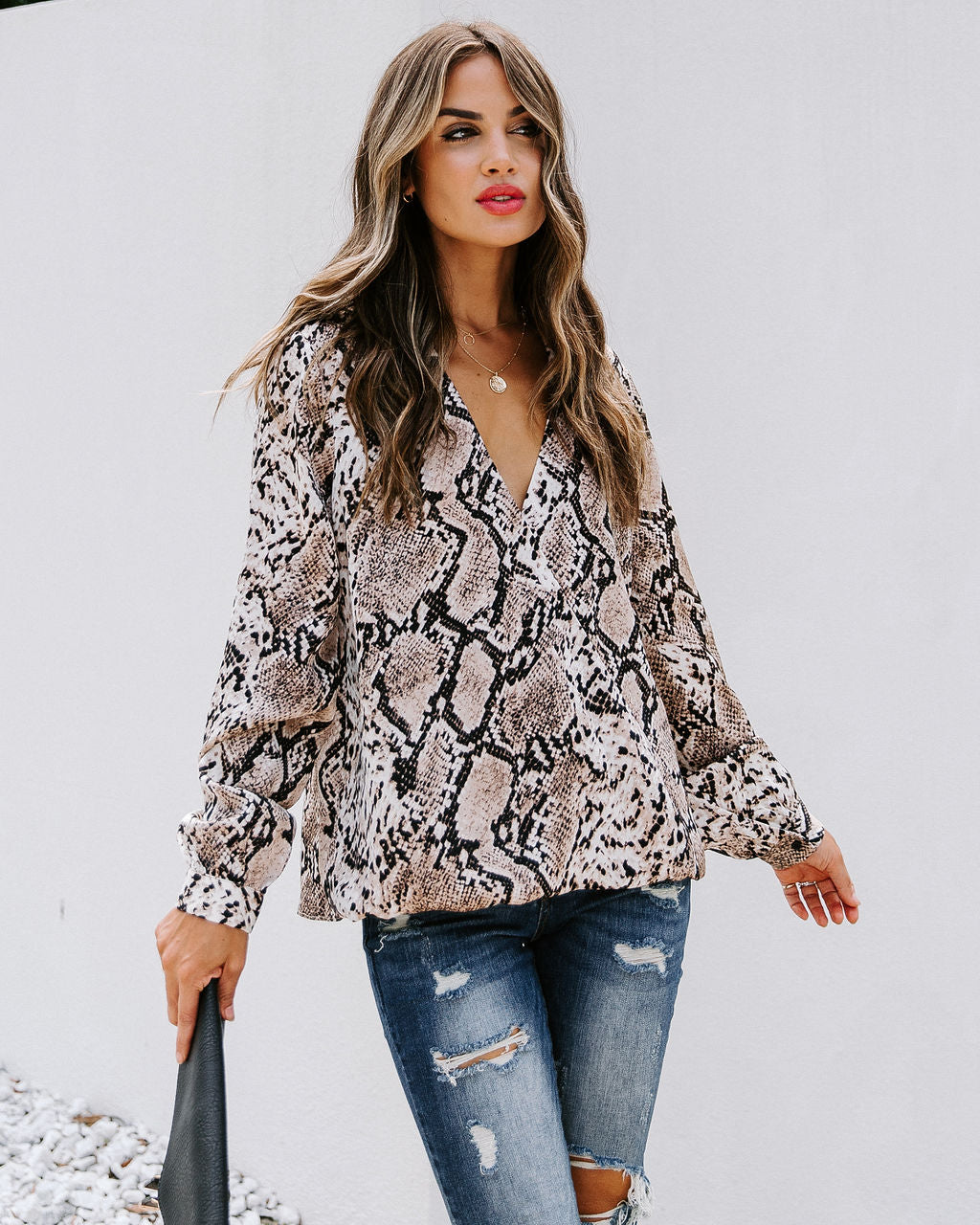 Solomon Collared Snake Print Surplice Blouse Ins Street