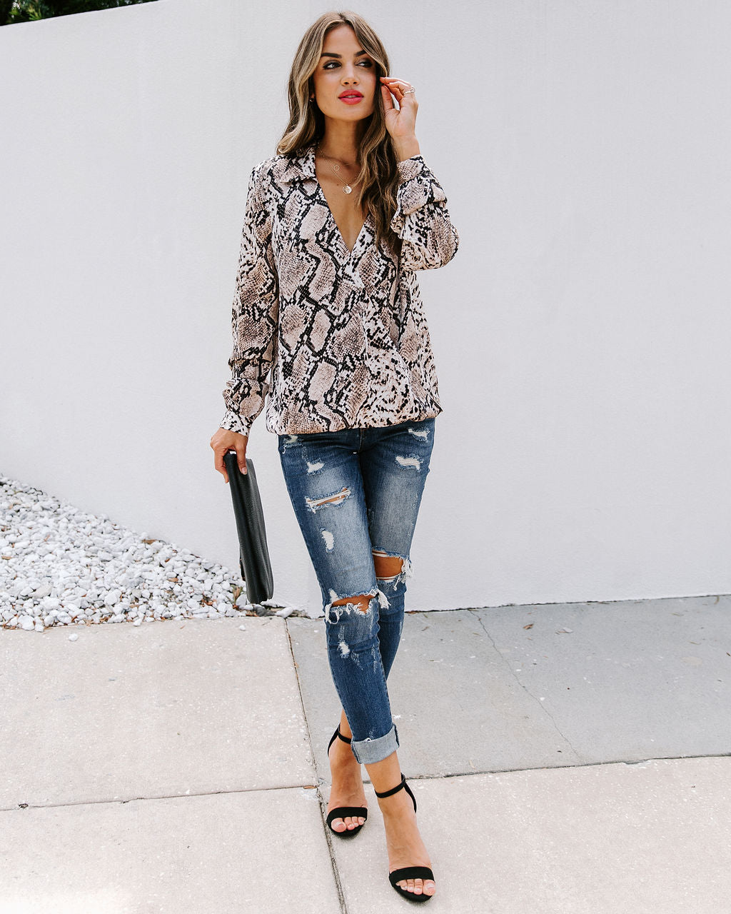 Solomon Collared Snake Print Surplice Blouse Ins Street