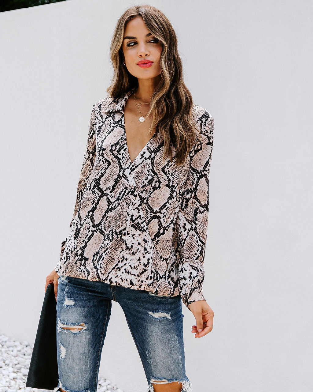 Solomon Collared Snake Print Surplice Blouse Ins Street