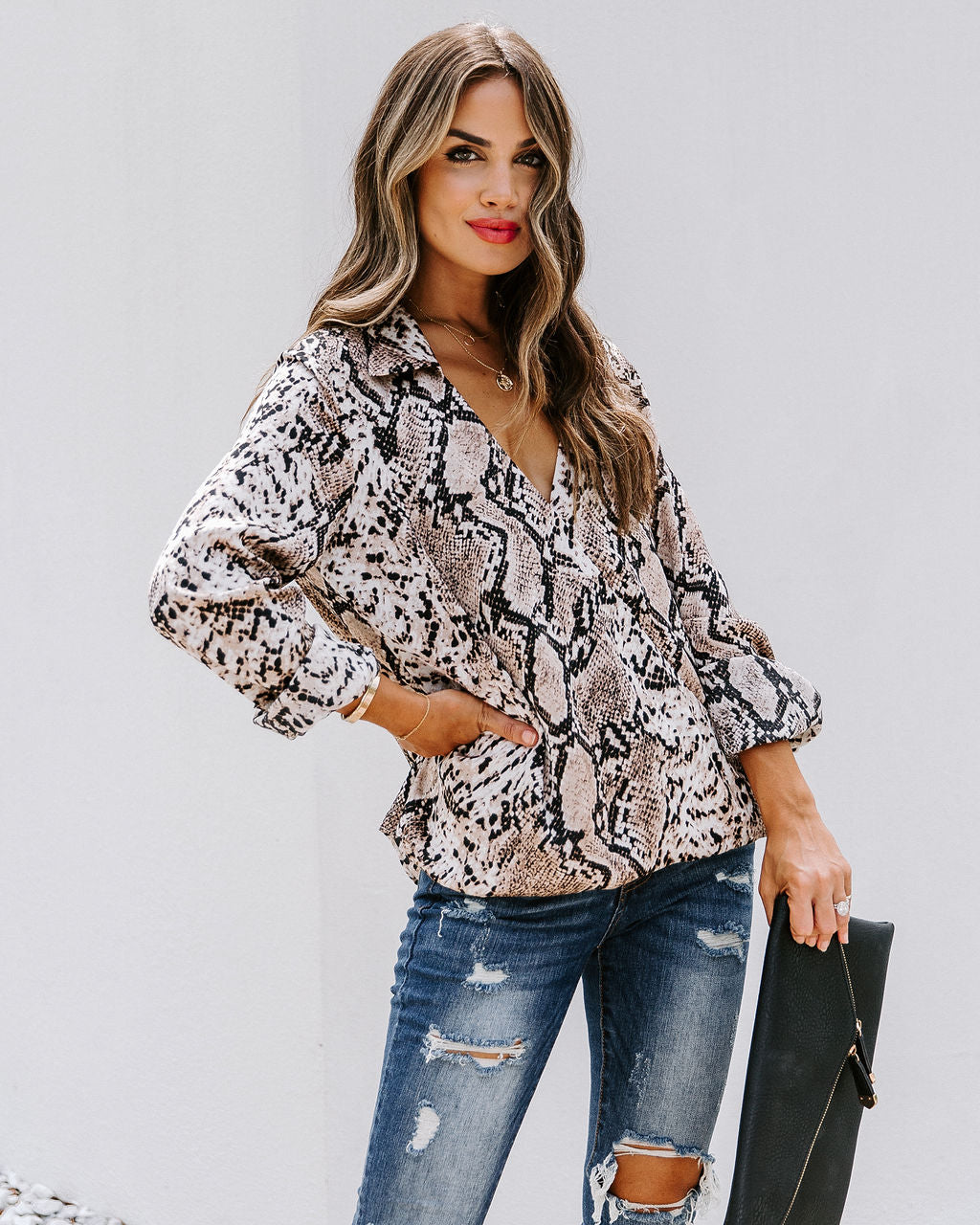 Solomon Collared Snake Print Surplice Blouse Ins Street