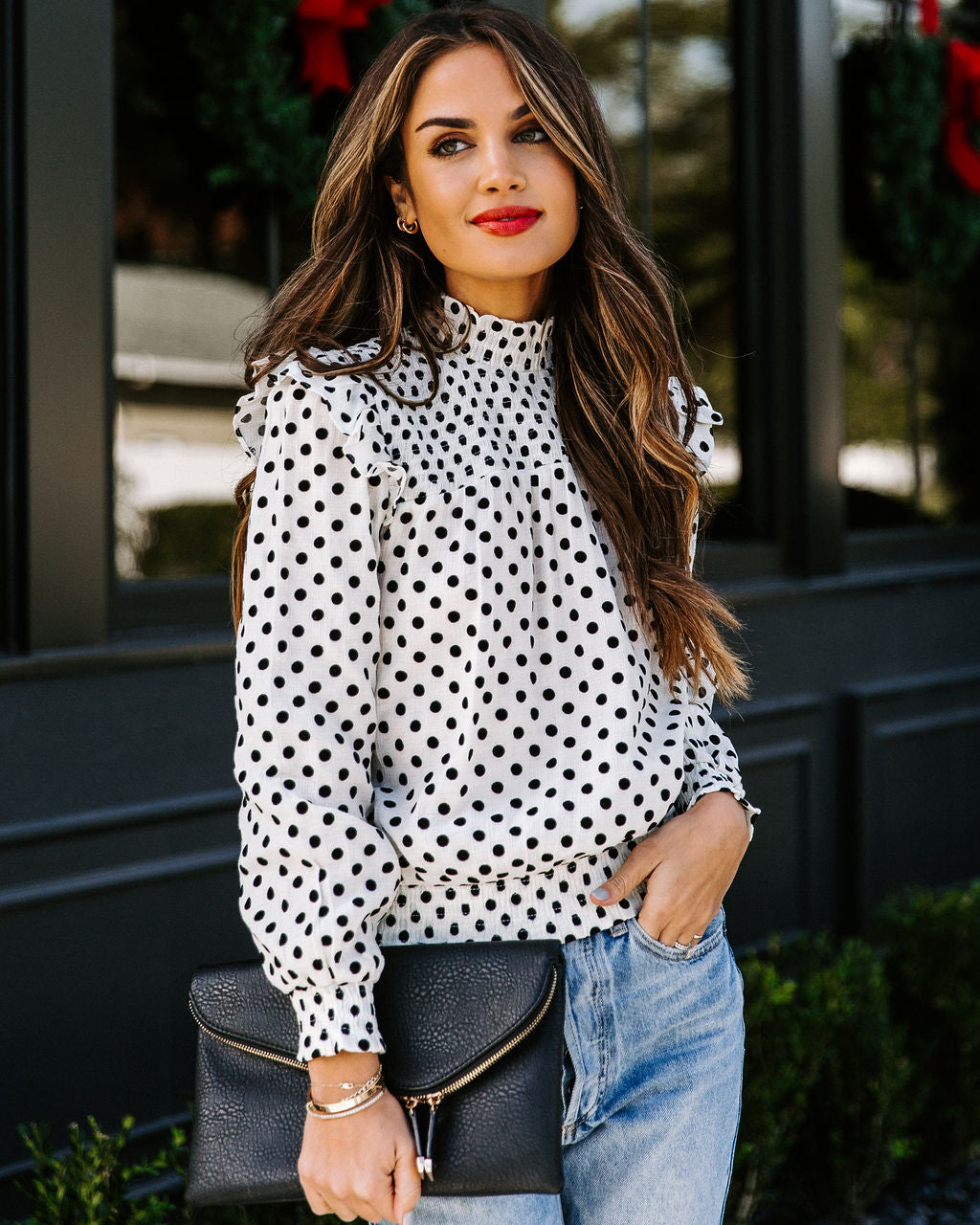 Anne Smocked Velvet Polka Dot Blouse BLU-001