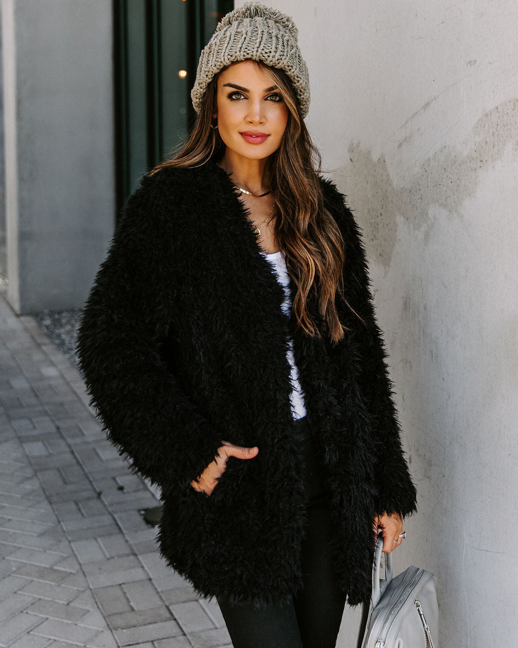 Familiar Feelings Pocketed Faux Fur Jacket - Black Ins Street