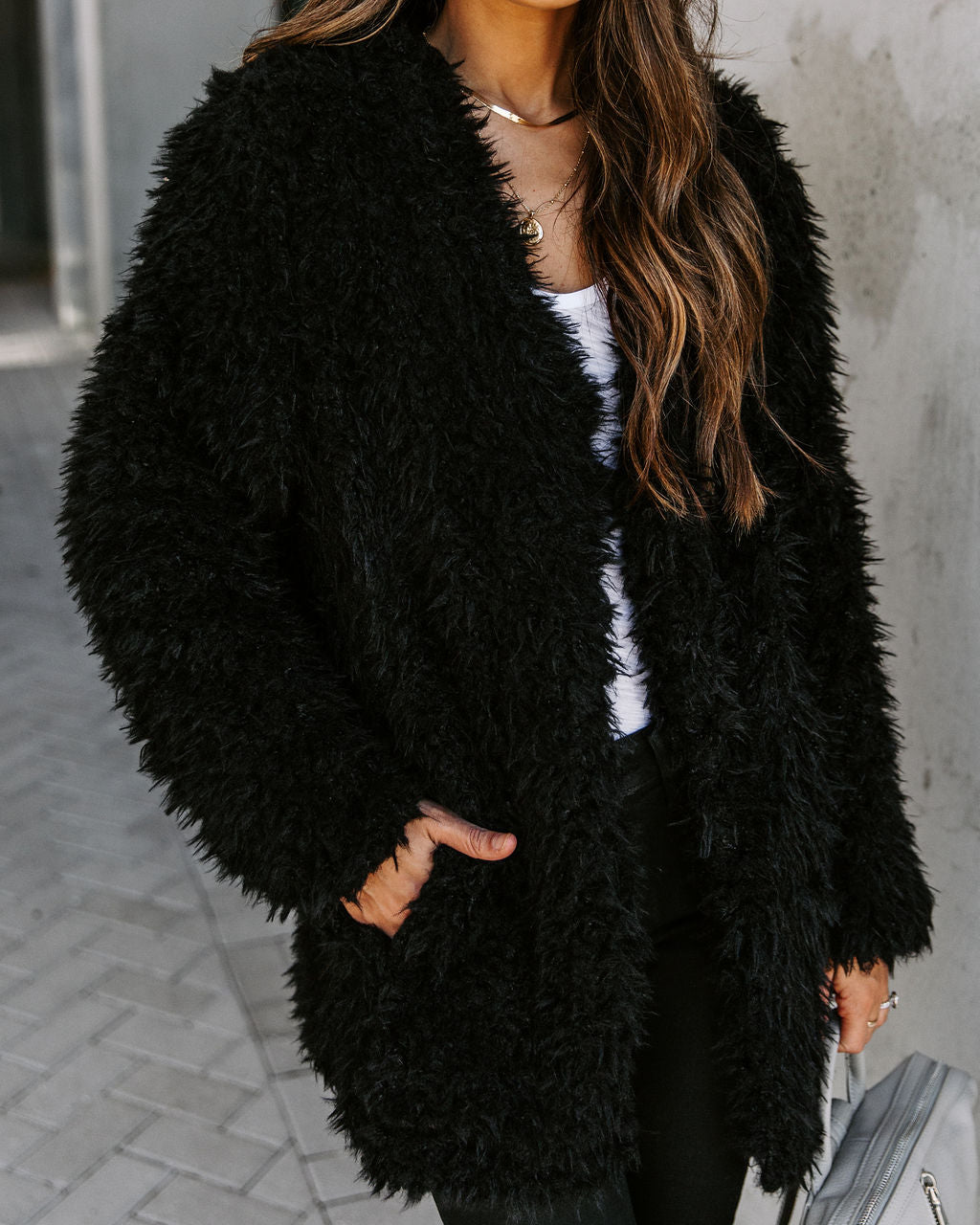 Familiar Feelings Pocketed Faux Fur Jacket - Black Ins Street