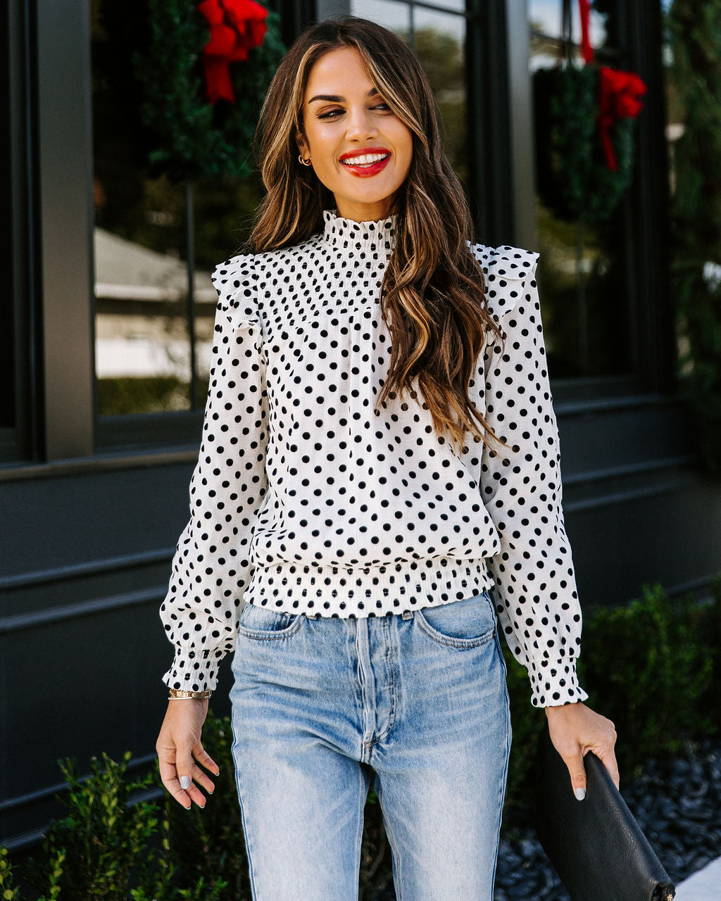 Anne Smocked Velvet Polka Dot Blouse BLU-001