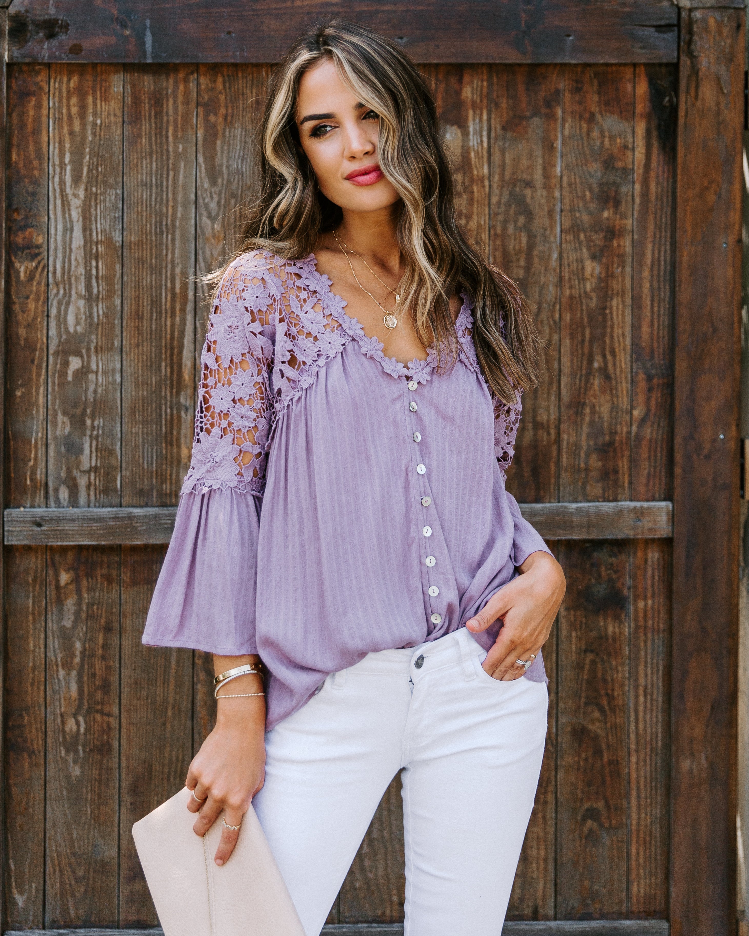 Kami Crochet Lace Button Down Top - Mauve Ins Street