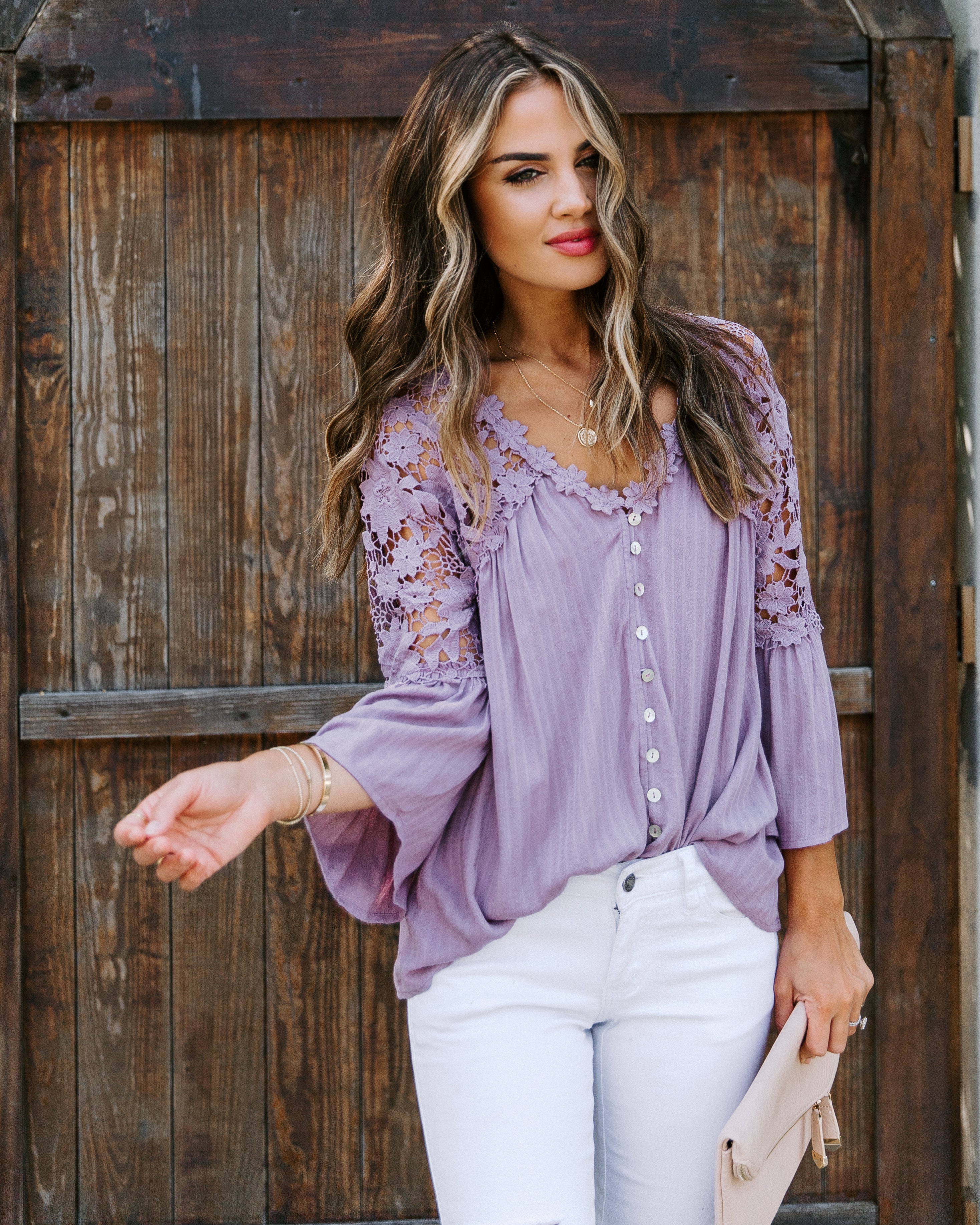 Kami Crochet Lace Button Down Top - Mauve Ins Street