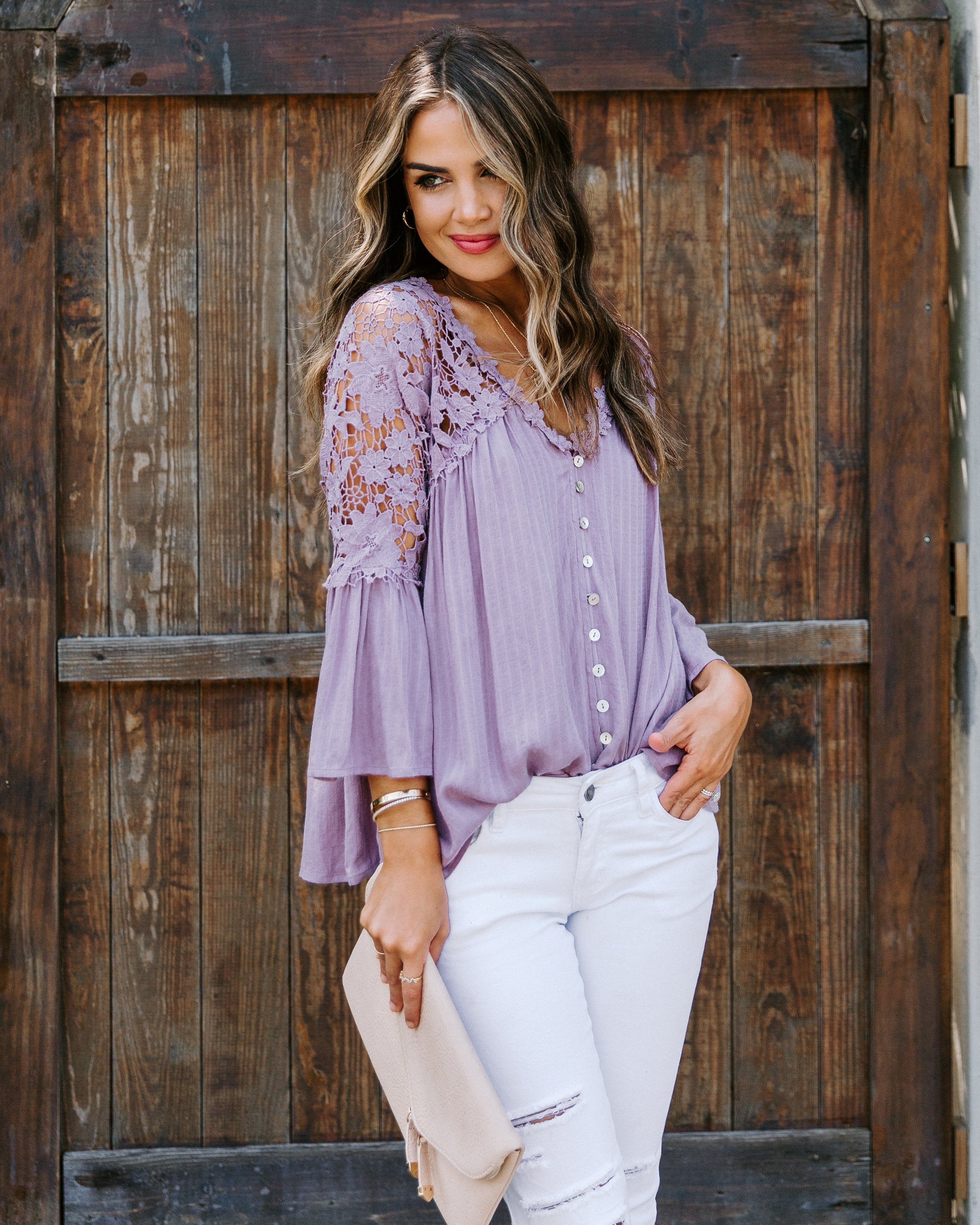 Kami Crochet Lace Button Down Top - Mauve Ins Street