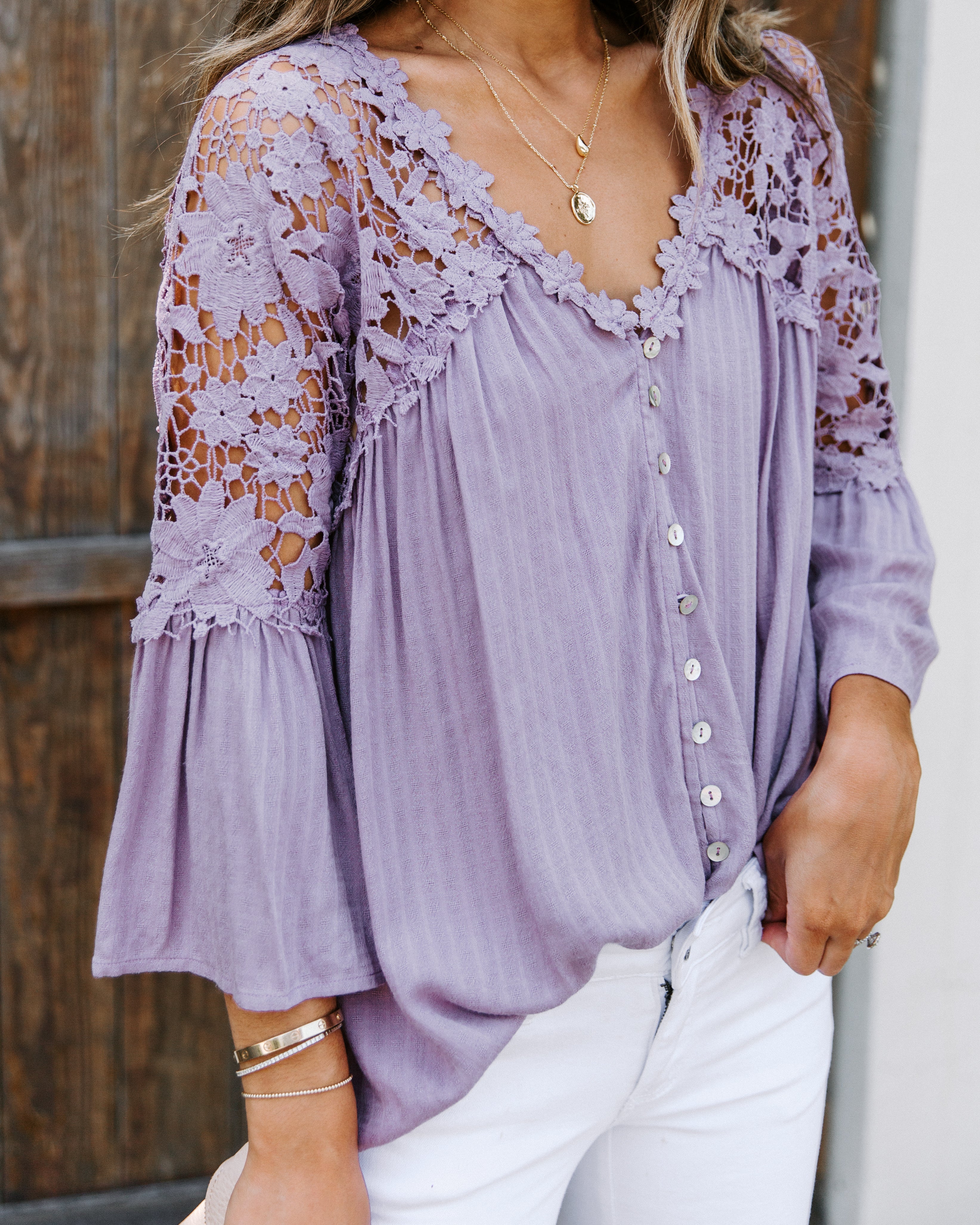 Kami Crochet Lace Button Down Top - Mauve Ins Street