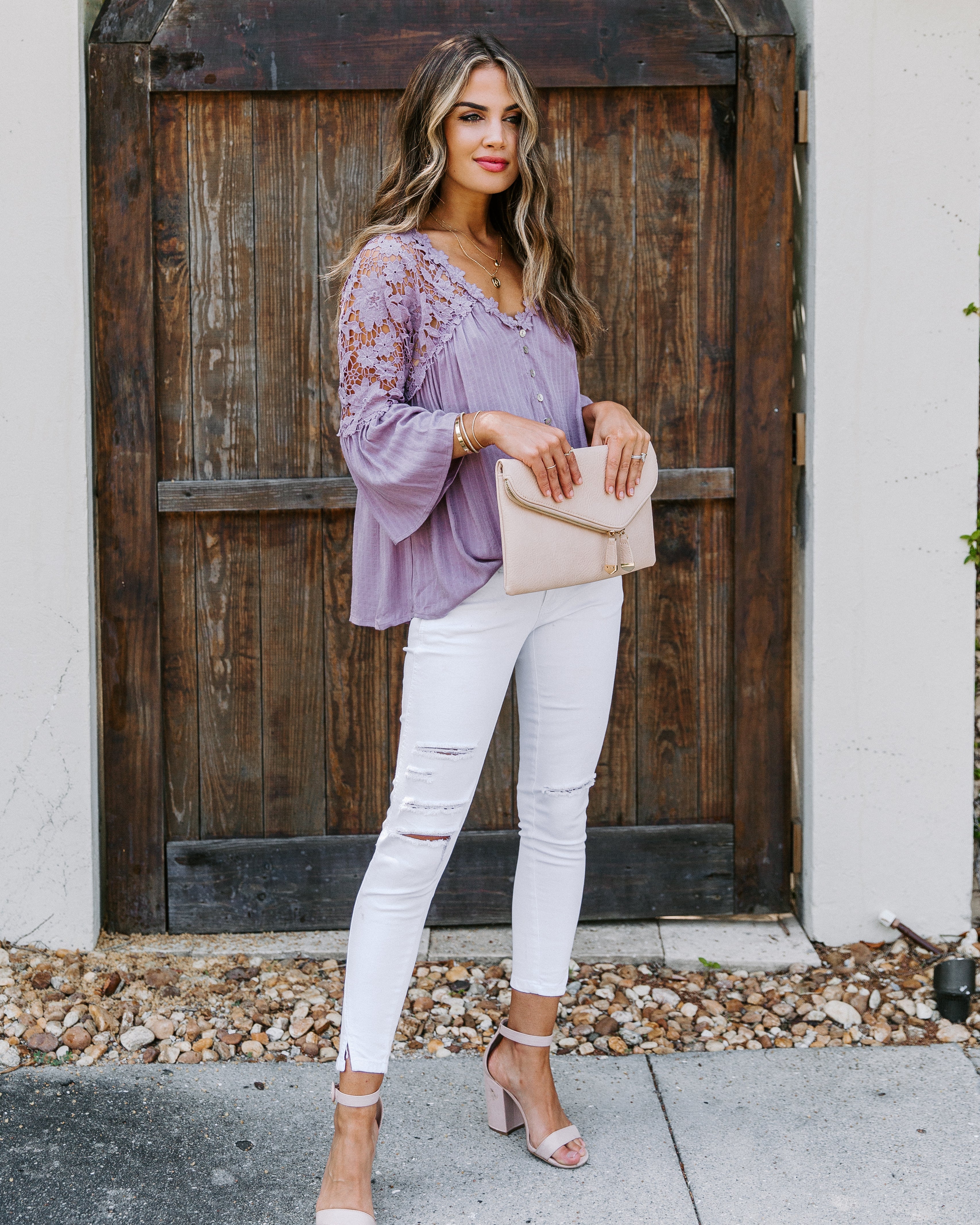 Kami Crochet Lace Button Down Top - Mauve Ins Street