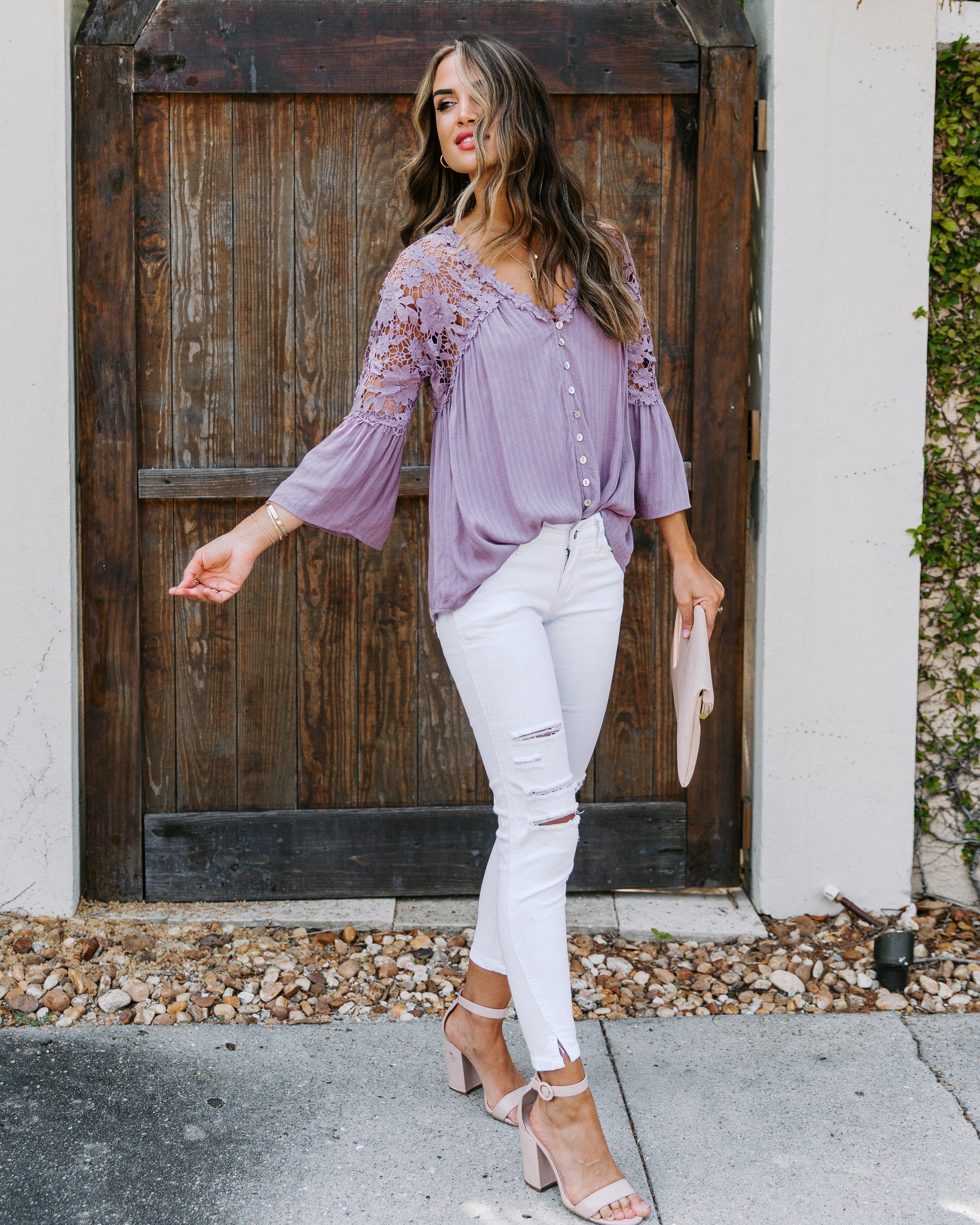 Kami Crochet Lace Button Down Top - Mauve Ins Street