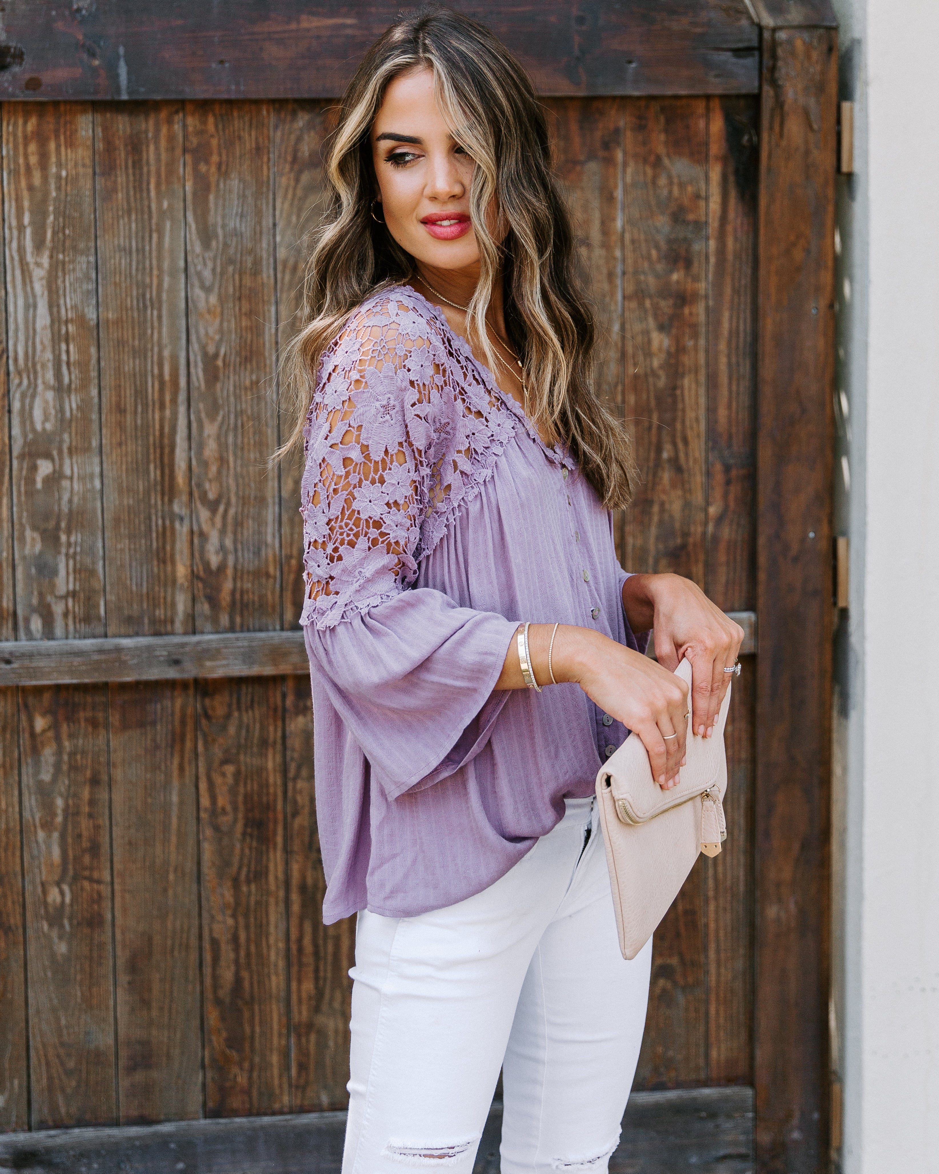 Kami Crochet Lace Button Down Top - Mauve Ins Street