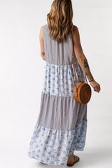 Mixed Print Tie-Neck Sleeveless Maxi Dress Ins Street