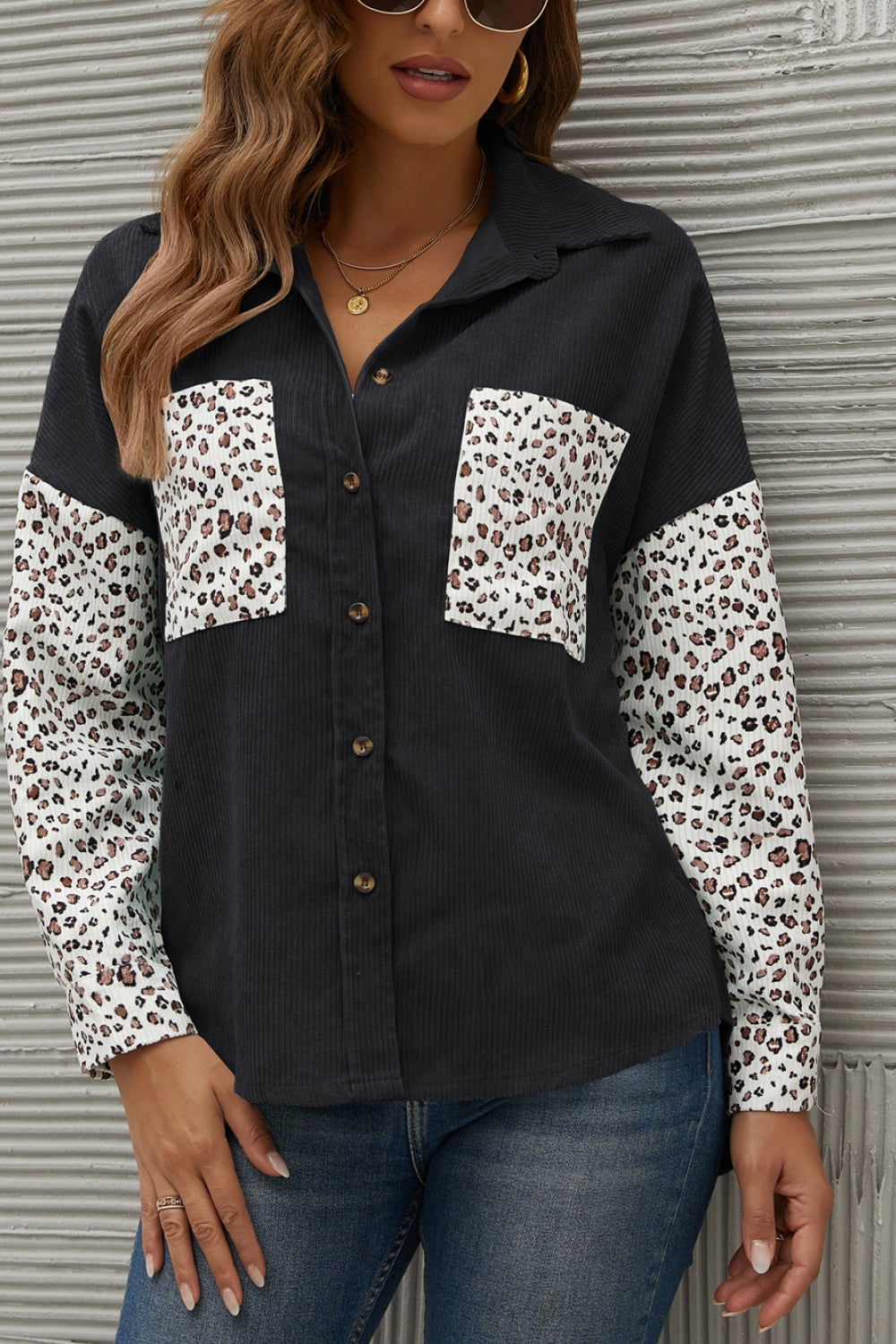 Leopard Splicing Button Front Corduroy Blouse Ins Street