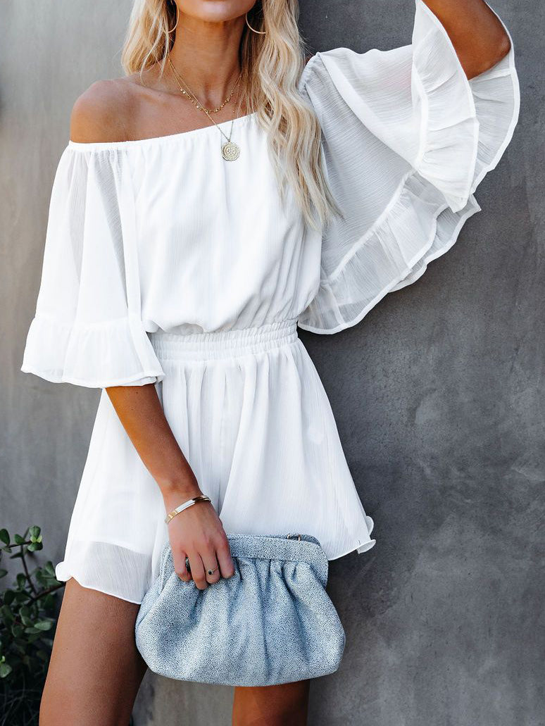 One-Shoulder Short Sleeve Solid Chiffon Jumpsuit Ins Street