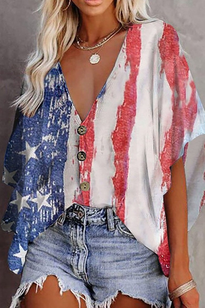 American Flag Print Batwing Sleeve Blouse Ins street