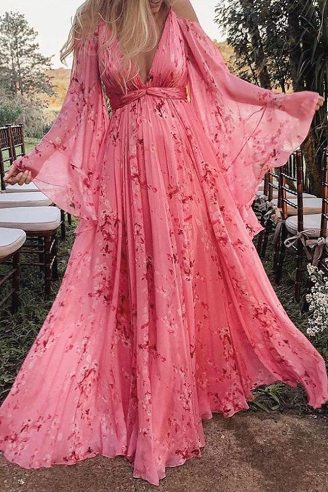 Long and Flowy Pink Floor Length Dress Ins street