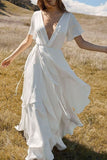 Short Sleeve Floor-Length V-Neck Patchwork Plain White Dress Ins street