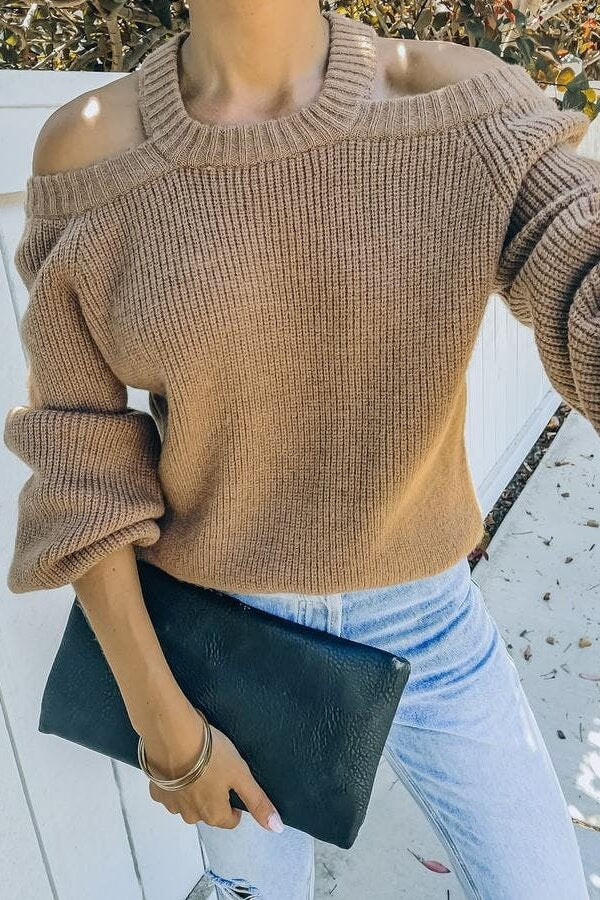 Camel Brown Malia Cold Shoulder Knit Sweater Ins street