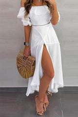 Off Shoulder Half Sleeve Ankle-Length Patchwork Pullover Women's Dress Ins street