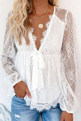 V-Neck Lace Embroidery Long-Sleeve Blouse with Bow Knot Ins street