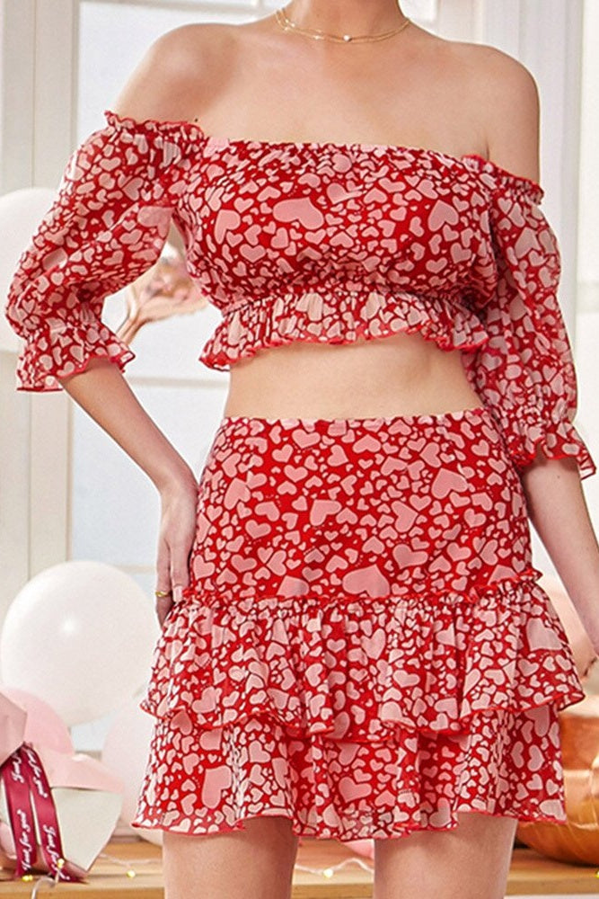 Heart Print Off-Shoulder Top & Skirt Coord Two-Piece Set Ins street