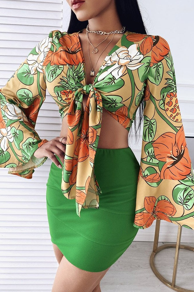 Tropical Print Top Skirt Set Ins street