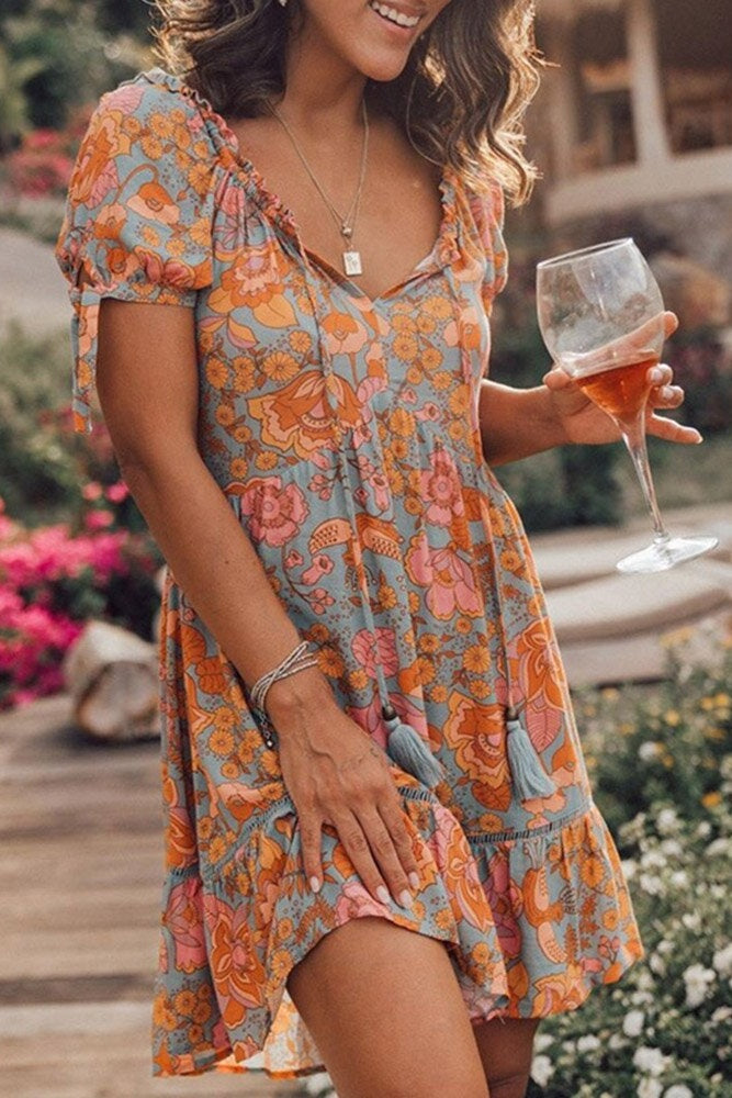 Floral Scoop Neck Tassel Dress Ins street