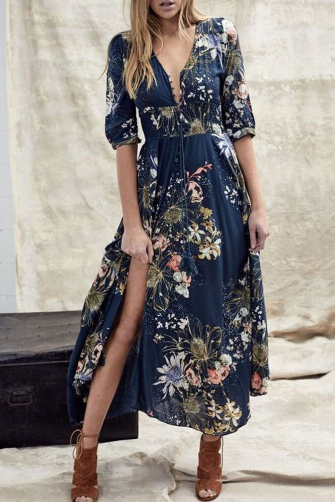 Half Sleeve V-Neck Patchwork Ankle-Length High Waist Women's Dress Ins street