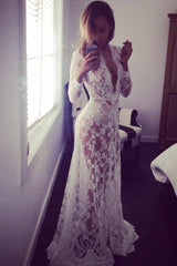 Sexy Deep V-Neck Long Sleeve Lace Maxi Dress Ins street