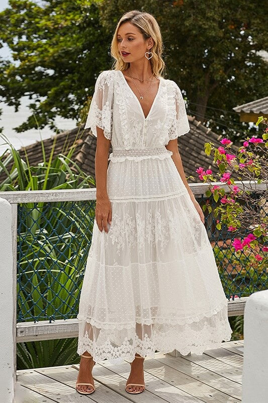 Boho White V-Neck Lace Maxi Dress Ins street