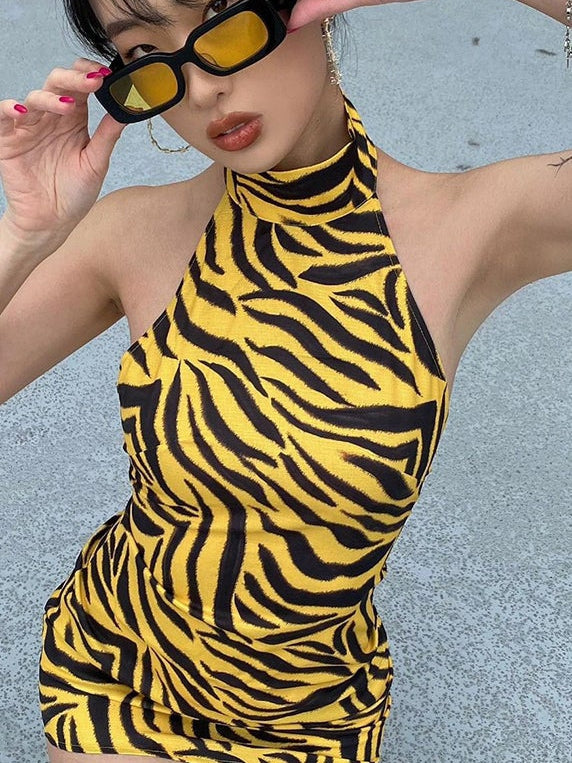 Yellow Tiger Skin Tight Dress Ins street