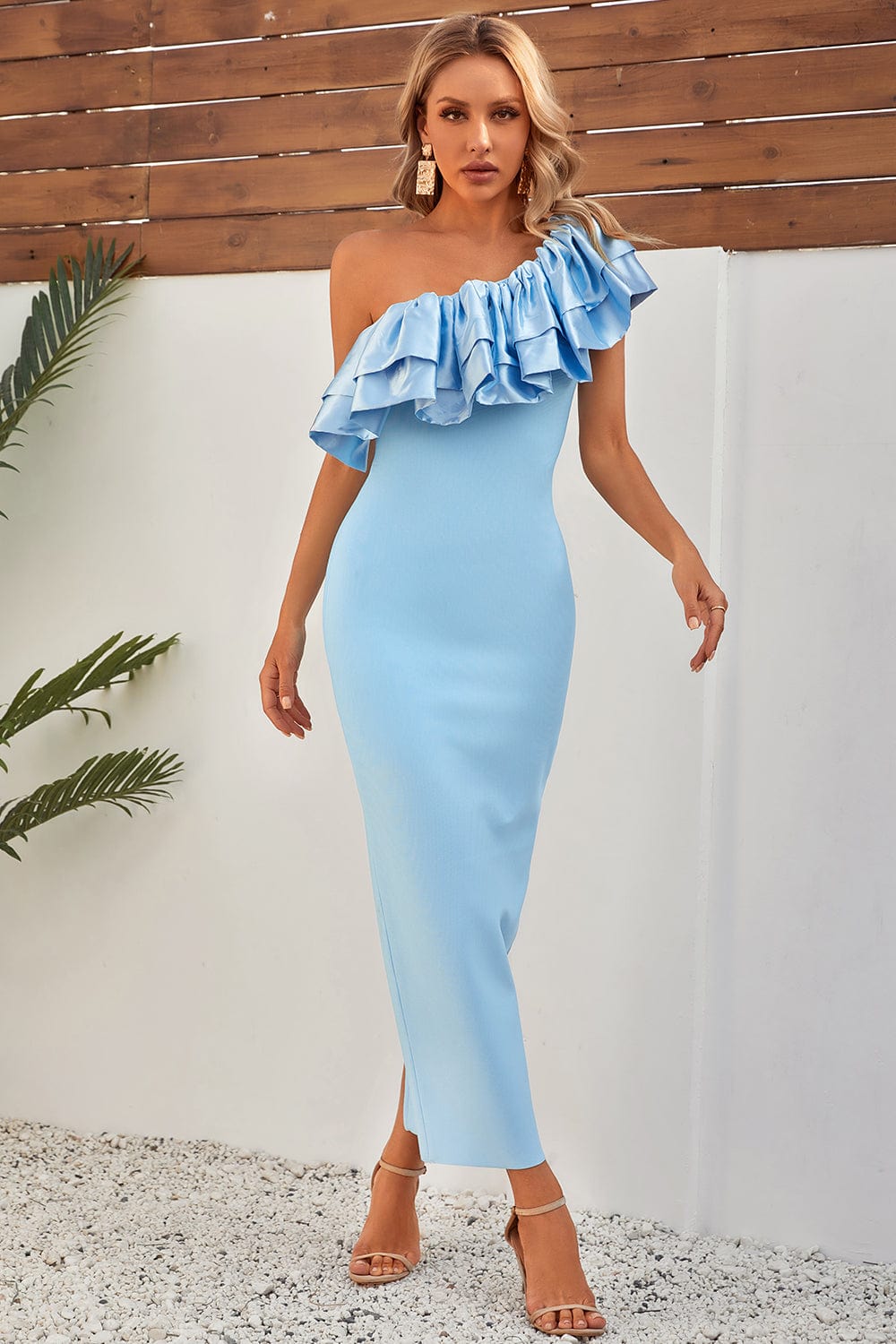 Santorini Ruffle Blue Maxi Bandage Dress Ins Street