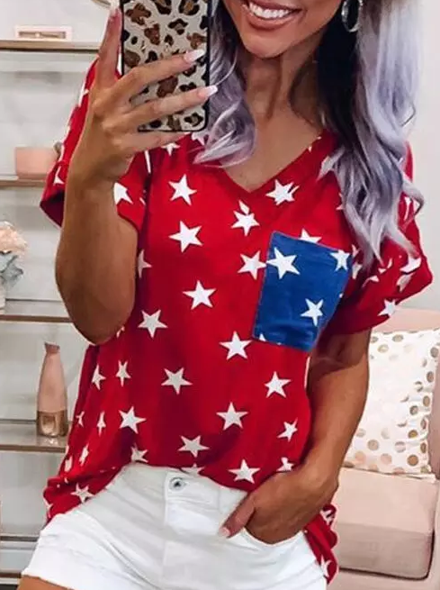 Star Pocket V-Neck T-Shirt Tee 2023-03-14 InsStreet