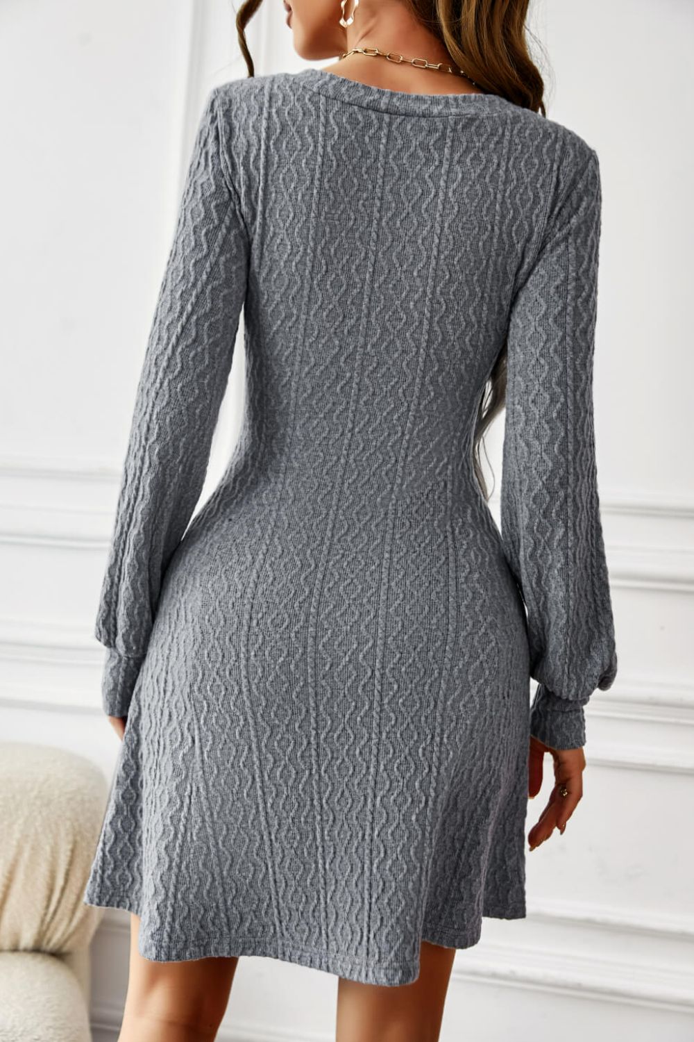 Lantern Sleeve V-Neck Textured Knit Dress Ins Street