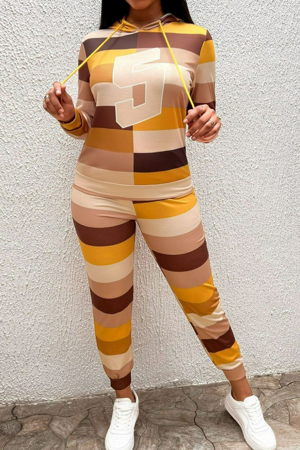 Multicolored Patchwork Drawstring Detail Hoodie and Joggers Set Ins Street