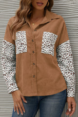 Leopard Splicing Button Front Corduroy Blouse Ins Street