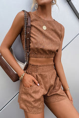 Brown Sleeveless Crop Top & Shorts Two-Piece Set Ins street