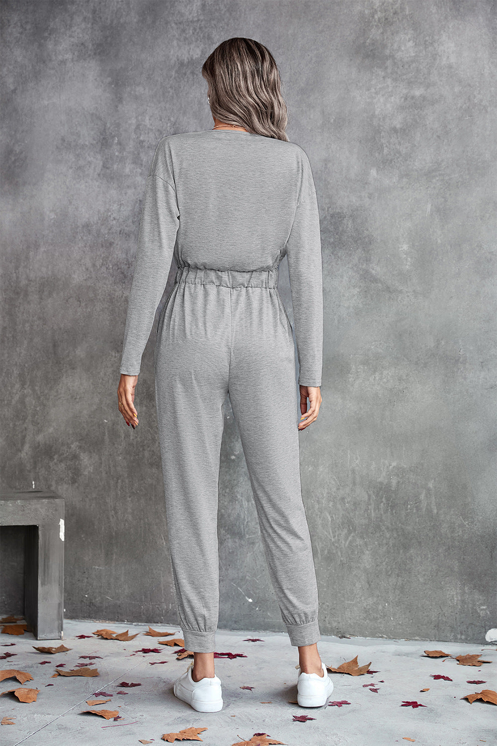 Drawstring Waist Surplice Long Sleeve Jumpsuit Ins Street