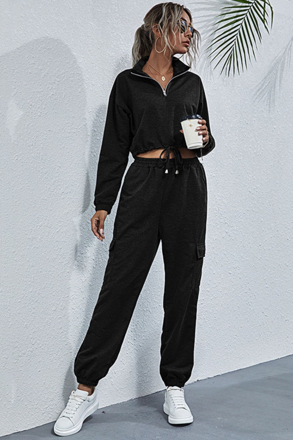 Drawstring Hem Cropped Sweatshirt and Cargo Joggers Set Ins Street