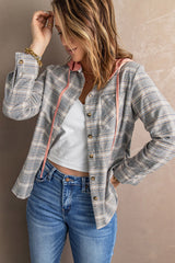 Plaid Drawstring Hooded Shirt Jacket Ins Street