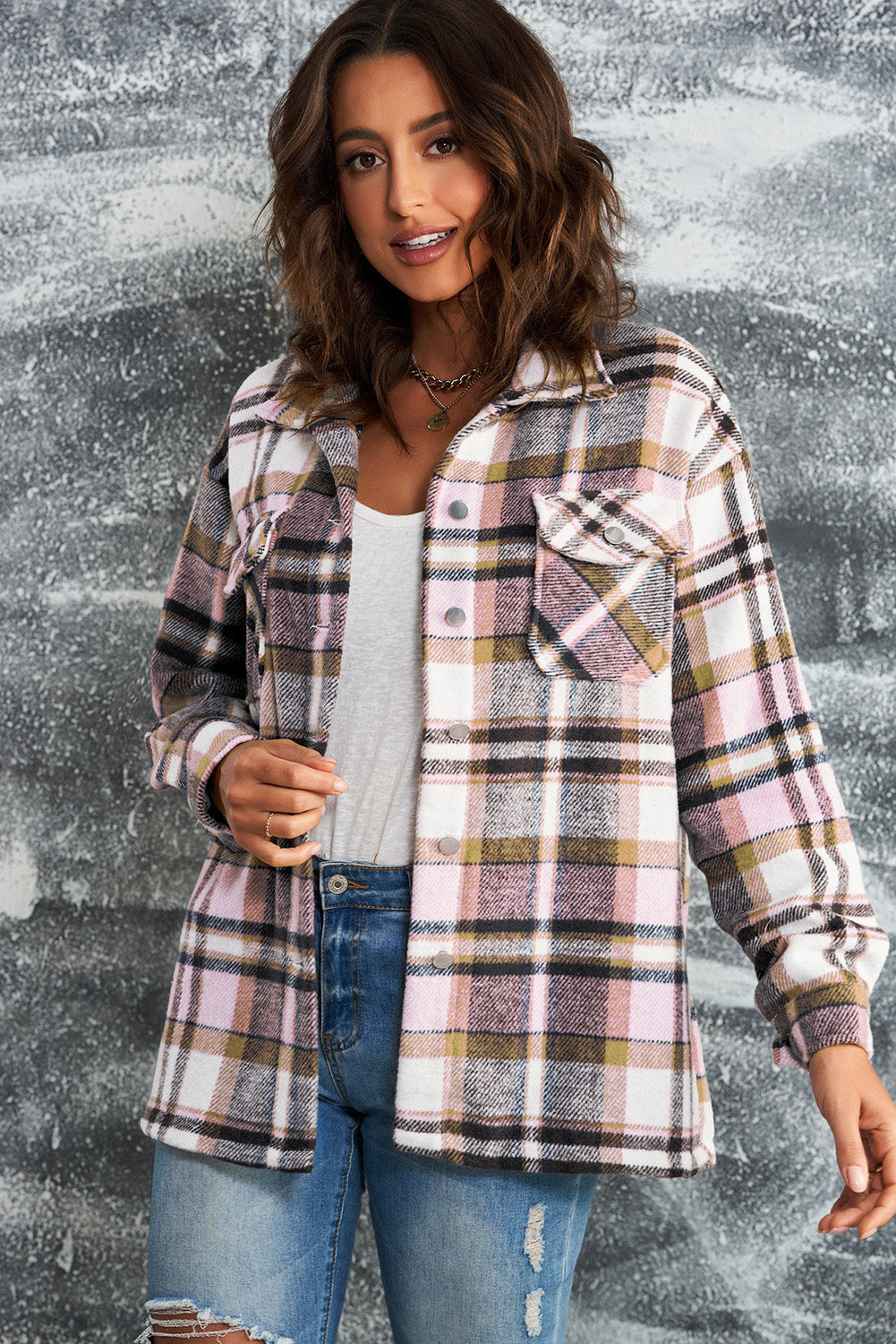 Plaid Button Front Shirt Jacket with Breast Pockets Ins Street